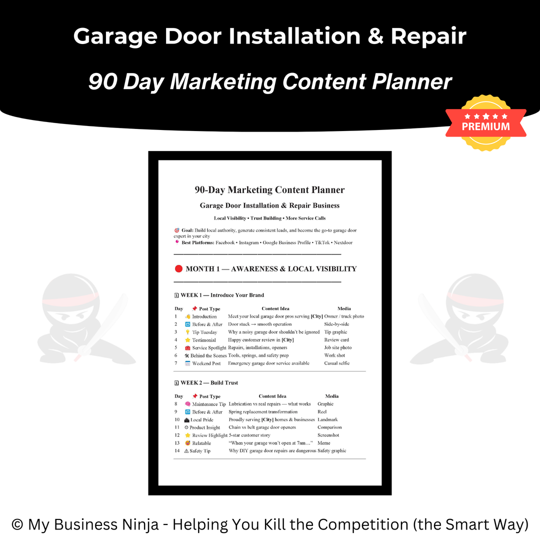 90 Day Marketing Content Planner (Premium) - Garage Door Installation & Repair