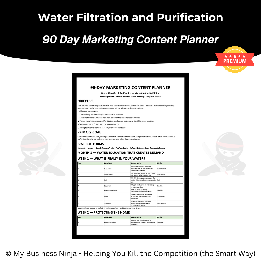 90 Day Marketing Content Planner (Premium) - Water Filtration and Purification