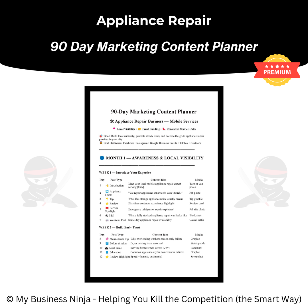 90 Day Marketing Content Planner (Premium) - Appliance Repair